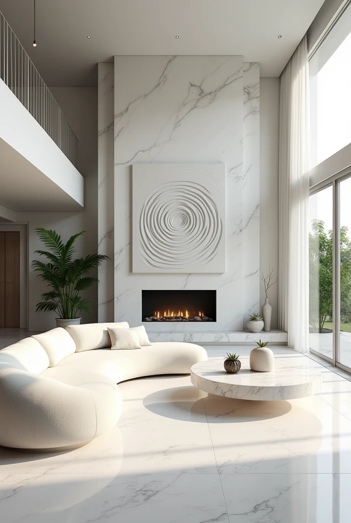 Professional 3d architecture rendering design of modern and minimal so light big curve white velvet sofa and white marble slab stone and white white marble flouting fireplace and spiral painting wall and modern and elegant accessories and sculpture and modern green space and white marble slab stone middle table and elegant curtains