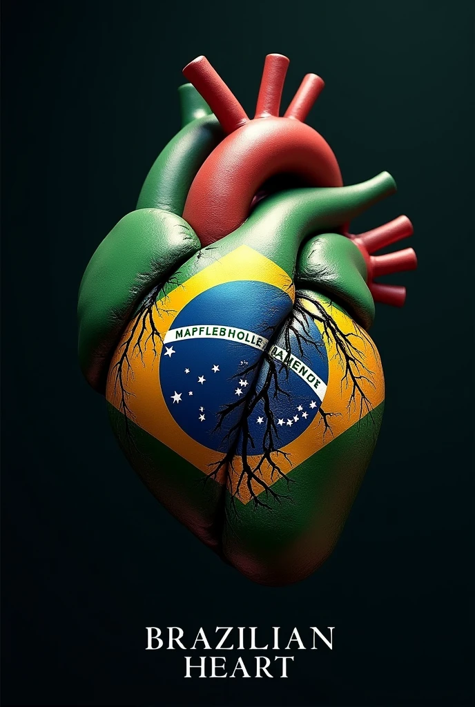 Real human heart with Brazilian colors as if it were the Brazilian flag painted on the heart with a black background with shadows with the caption “Brazilian Heart” written