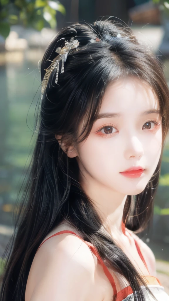 masterpiece, best quality, Official Art, 8k wallpaper, Very detailed, illustration, 1 girl, Long hair, Exquisite eyes, Bare shoulders, Hanfu, lake, pure, Gentle smile,Fair skin，Exquisite facial features，Especially the bright eyes。Her face shape is usually oval，Ancient Chinese beauties，Gorgeous makeup，Red Hanfu