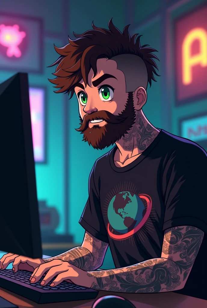 good-looking plump white boy with short frizzy dark brown hair shaved on the side, full beard, green eyes, nerd, gamer, in front a computer, anime style, space black t-shirt, tattooed