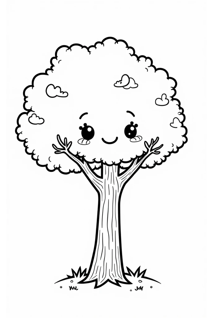 A kawaii style happy tree coloring page for ????, black and white outline drawing