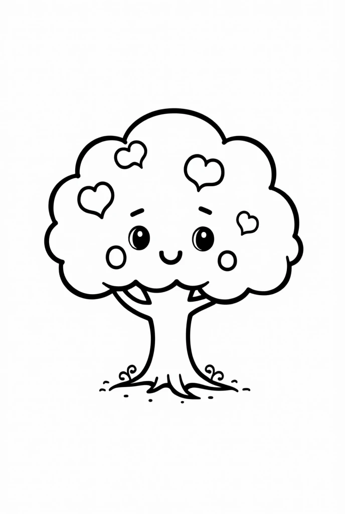 A kawaii style happy tree coloring page for kids, black and white outline drawing