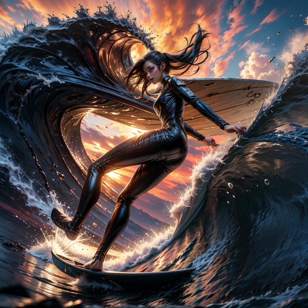 (Luminism:1.28), Side view、(TopQuality 8K Masterpiece:1.2) (ProfessionalPHOTO:1.37) Extremely Detailed (A girl standing on a surfboard riding a wave), (Colorful morning Glory Rays)、(Crouching and balancing on a Life Size surfboard:1.28), (There is Only one surfboard under her feet:1.32) Splashing water Particles Sparkling waves, Glowing Wet Hair、(Super hourglass body type)、Dynamic motion blur, Perfect Hand、(Surfing Photos:1.4) Extreme Sports Photography with action pose