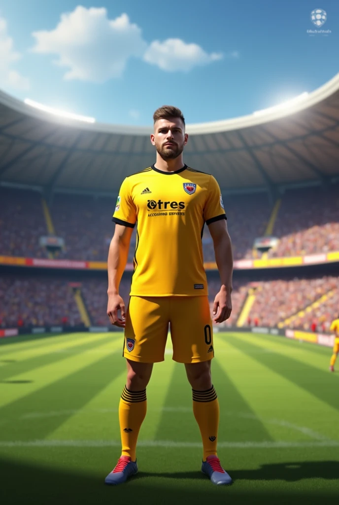 A FOOTBALL PLAYER FACING THE CAMERA, WITH GENERIC YELLOW SHIRT, SPONSORED BY RONES ACCOUNTING SERVICES, IN A FULL LOCAL STADIUM