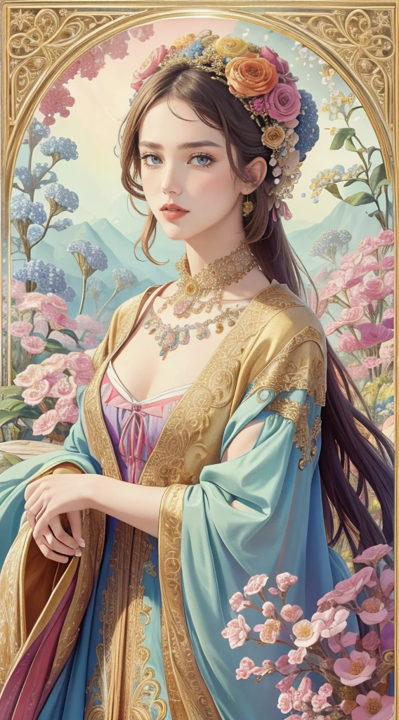 1girl in a masterpiece, top-quality, official art, beautifully aesthetic: 1.2, highlighting her upper body. The girl is surrounded by 1 flower, creating a highly detailed, colorfully vibrant scene. The artwork showcases the beauty of fractal art: 1.3 in the most intricate and detailed manner possible.