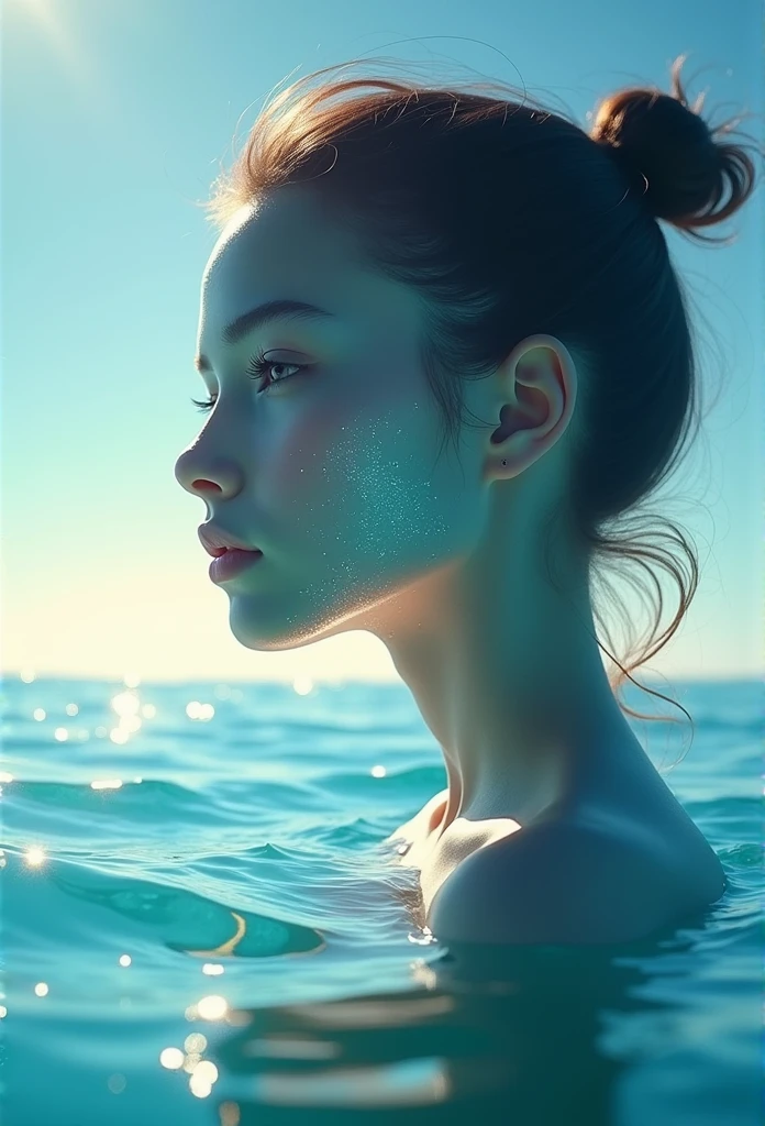 Clear day, breathtaking silhouette of young beautiful face with shining transparent features, looking directly into camera, vast blue sea, golden horizon, typography, large "SeaArt" text in gradient in the center (Best quality, 8k, High resolution, Masterpiece: 1.2), Highly detailed (Realistic, Photorealistic, Realistic: 1.37), HDR, studio lighting, vivid colors, dramatic lighting,