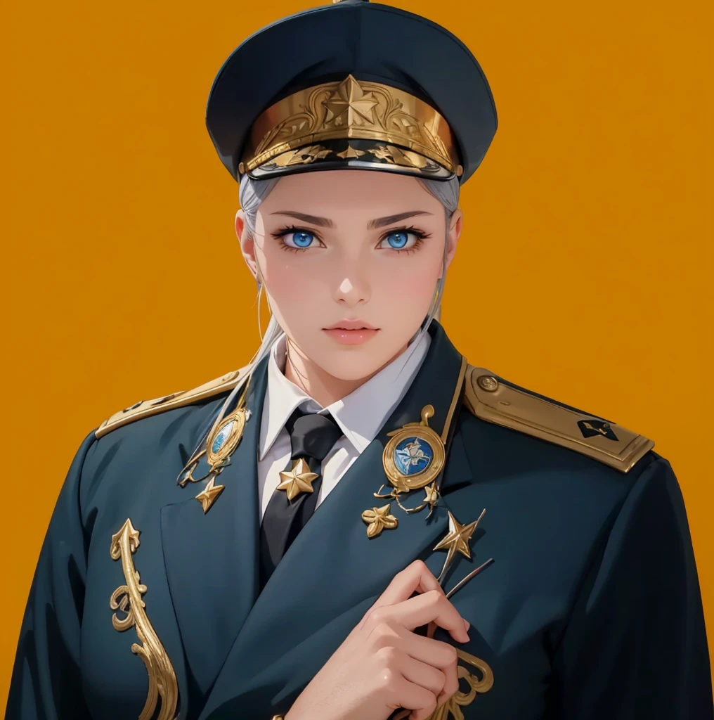 Female, (exceptional, best aesthetic, new, newest, best quality, anime, waifu:1.2), master piece, best quality, absurdres, highres, good anatomy, pretty face, ultra detailed, (1girl:1.3), colored, 1 girl, female, blue eyes, grey hair, peaked cap, red part on the cap, star insignia on the cap, coat, golden shoulder piece, lautel leaves, inside white shirt, black tie, star badge on the tie, looking directly at user, no hands