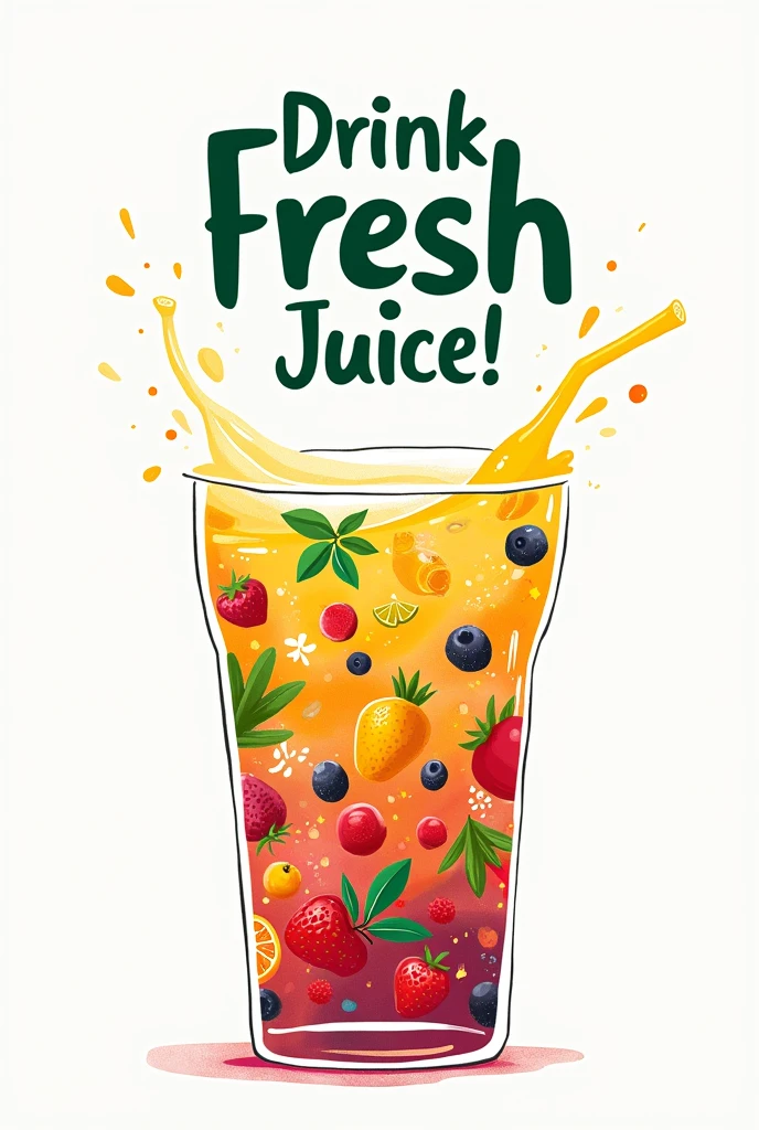Typography Poster of Fresh Juice, Write "Drink Fresh Juice!" on the top half of the poster, Water drops drip down from the letter i, Draw the shape of a glass of juice using many vegetable and fruit words that freely change the color and orientation