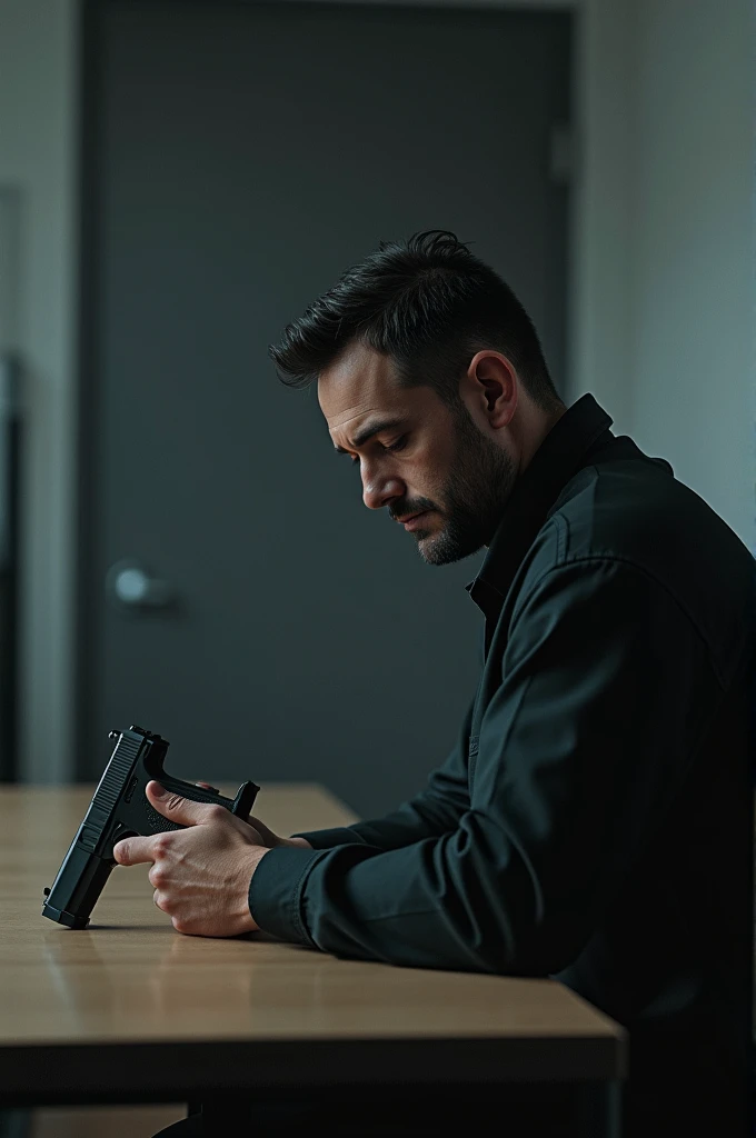 a man sitting on the side with his head looking at rallao with a gun resting on the table holding it in his hand