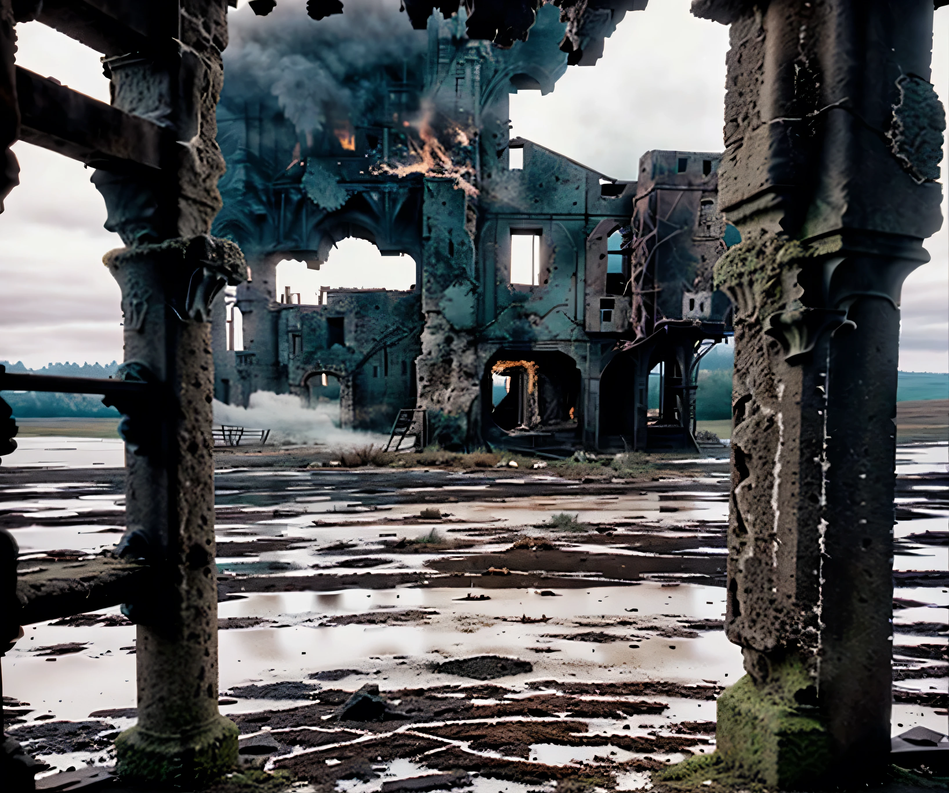 A dark and desolate medieval landscape viewed from a human eye-level perspective at night. The ground is cracked and barren, littered with the remnants of ancient stone castles and villages. Distant flames flicker and dance, casting a faint, eerie glow against the starless, pitch-black sky. The air is heavy with smoke, and the horizon is lined with the silhouettes of crumbling towers. Shadows stretch across the landscape, obscuring broken carts and rusted weapons half-buried in the earth. The atmosphere is oppressive and silent, except for the distant crackling of fire, creating a chilling sense of desolation and decay in this apocalyptic medieval world.