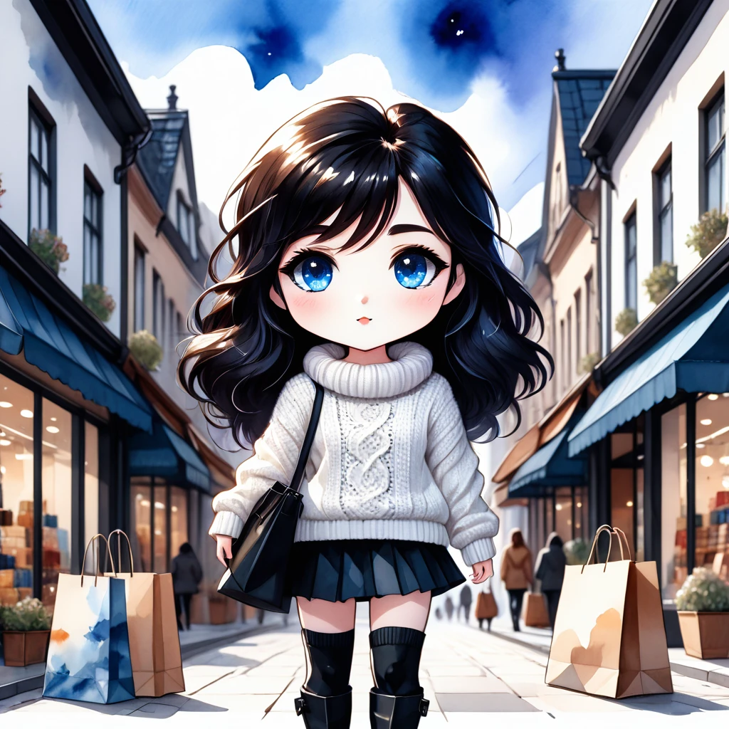 Chibi style, Masterpiece, best quality, solo representation of a woman with wavy black hair and blue eyes, looking directly at the viewer. She is wearing a white sweater paired with a black skirt and long black boots. The scene is depicted as a watercolor illustration in graphic designer style. She actively shops, surrounded by various stores and shopping bags, creating a lively and dynamic environment.