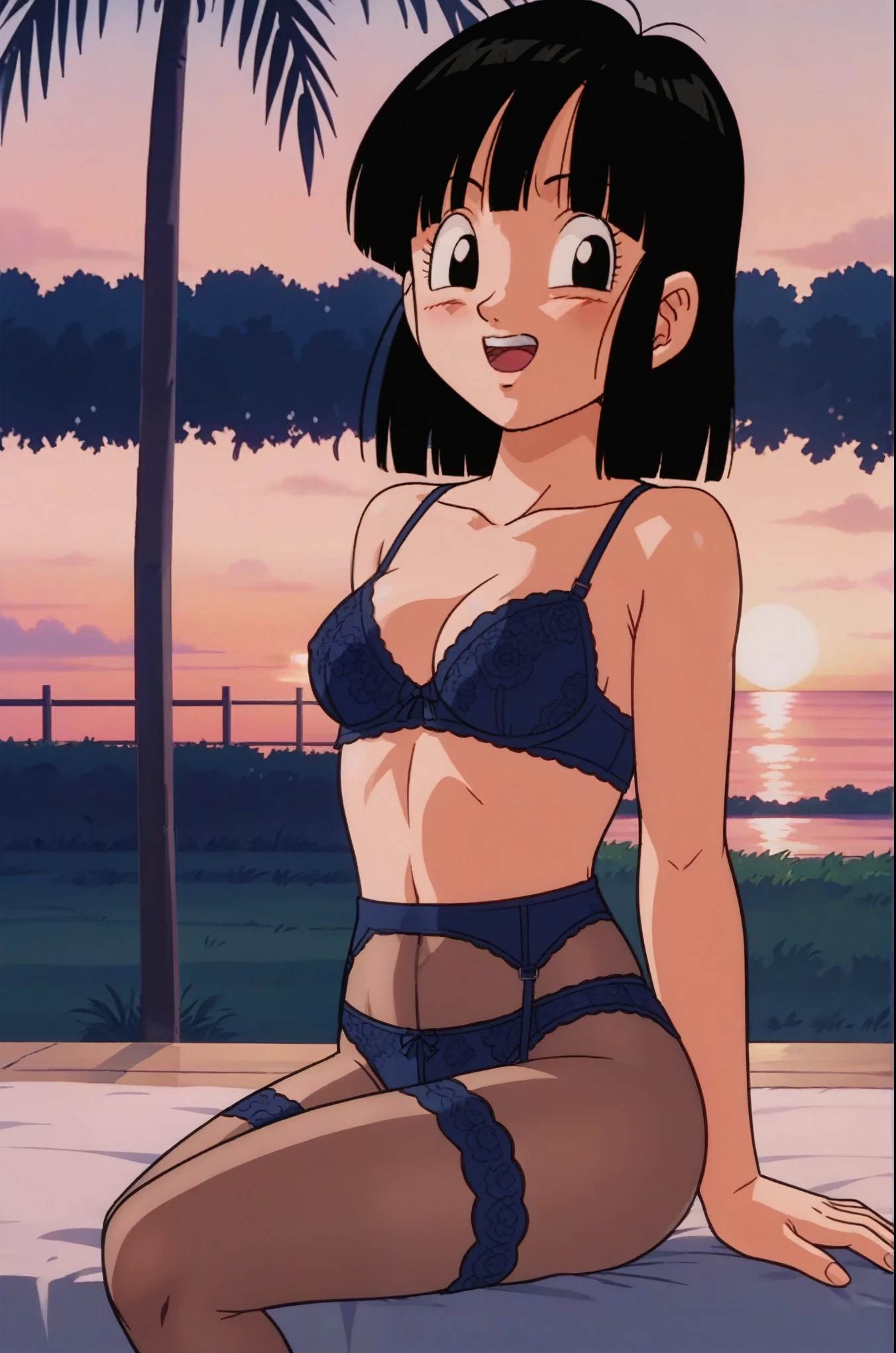 source_anime, score_9, score_8_up, score_7_up, anime screencap, 
pangt, 1girl, bangs, blushing, sexy face, grass, black hair, sunset, Watching the sunset, beach in open sea sunset, sun, collarbone, whole body, teeth, blunt bangs, outdoors, black eyes, eyelashes, upper teeth only, retro artstyle, , 1990s \(style\), orange headwear, underwear, lengerie, lingerie, mesh stockings, transparent tights, melancholic, thoughtful, hand on the chin, medium ass, breasts, sexy