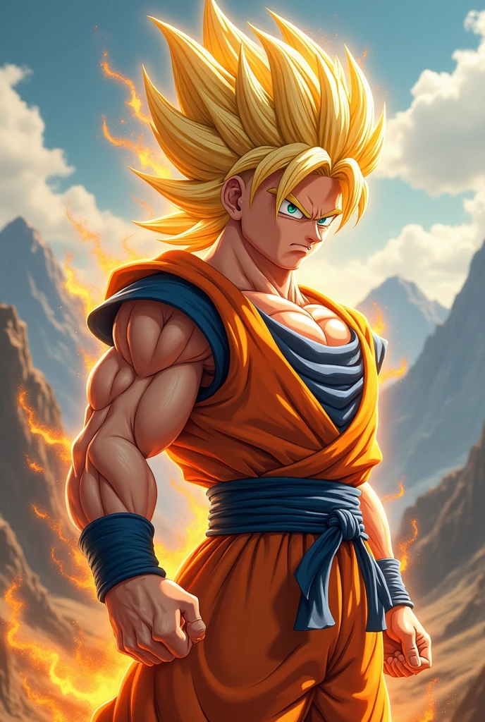 (best quality,4k,8k,highres,masterpiece:1.2),ultra-detailed,(realistic,photorealistic,photo-realistic:1.37),super saiyan goku, plein-air, martial arts training, muscular man, powerful energy aura, outdoor training field, mountains in background, swirling clouds, dynamic pose, detailed facial features, intense expression, flowing golden hair, rippling muscles, detailed clothing textures, intricate martial arts movements, dramatic lighting, vibrant colors, cinematic composition