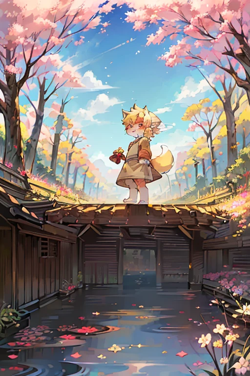 masterpiece,high quality,abstract res,number\(artwork\), From dagasi, Yes,Seizan,(Flower Charcoalo,Fluffy fur,character focus:1.1),Flower Charcoalo male cat,short hair,portrait , Bright eyes, panoramic, character focus.(Detailed background:0.7), solo, hairy, hairy male, Male focus, Masterpiece of time,high quality,abstract res,number\(artwork\), From dagasi, Yes,Seizan,(Flower Charcoalo,Fluffy fur,character focus:1.1),Human male fox，Bright eyes, panoramic, character focus.(Detailed background:0.6）, solo, hairy, hairy male, Male focus, Flower Charcoal,(Hairy all over, Hairy tail）fur，A five-year-old boy，cute，Hip bulge，Toddler，Blood-red pupils，A tail with a white tip，The ends of the limbs are white，Cute meat pads，Claw，cute boys，The ear tips are orange，Big hairy ears，Hairy big tail，Reasonable composition，Pale yellow hair，Brown cloth bag，In the woods，Extremely fine water, naked，Slightly reddened，Dress coolly，Blonde short hair，Thin children，Blonde hair，cute child，cute little adventurer，Be open-minded，Ultra-clear, japanese village, blossom tree, pooping.