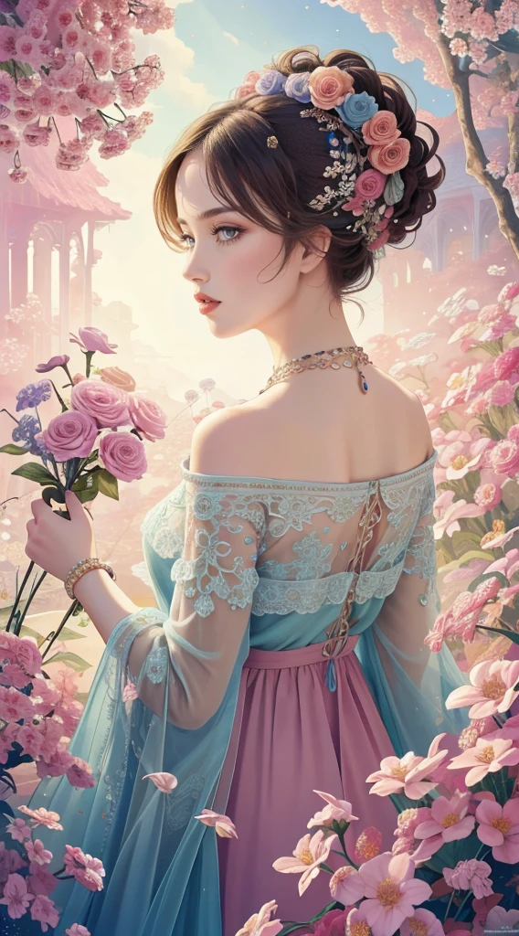 1girl in a masterpiece, top-quality, official art, beautifully aesthetic: 1.2, highlighting her upper body. The girl is surrounded by 1 flower, creating a highly detailed, colorfully vibrant scene. The artwork showcases the beauty of fractal art: 1.3 in the most intricate and detailed manner possible.