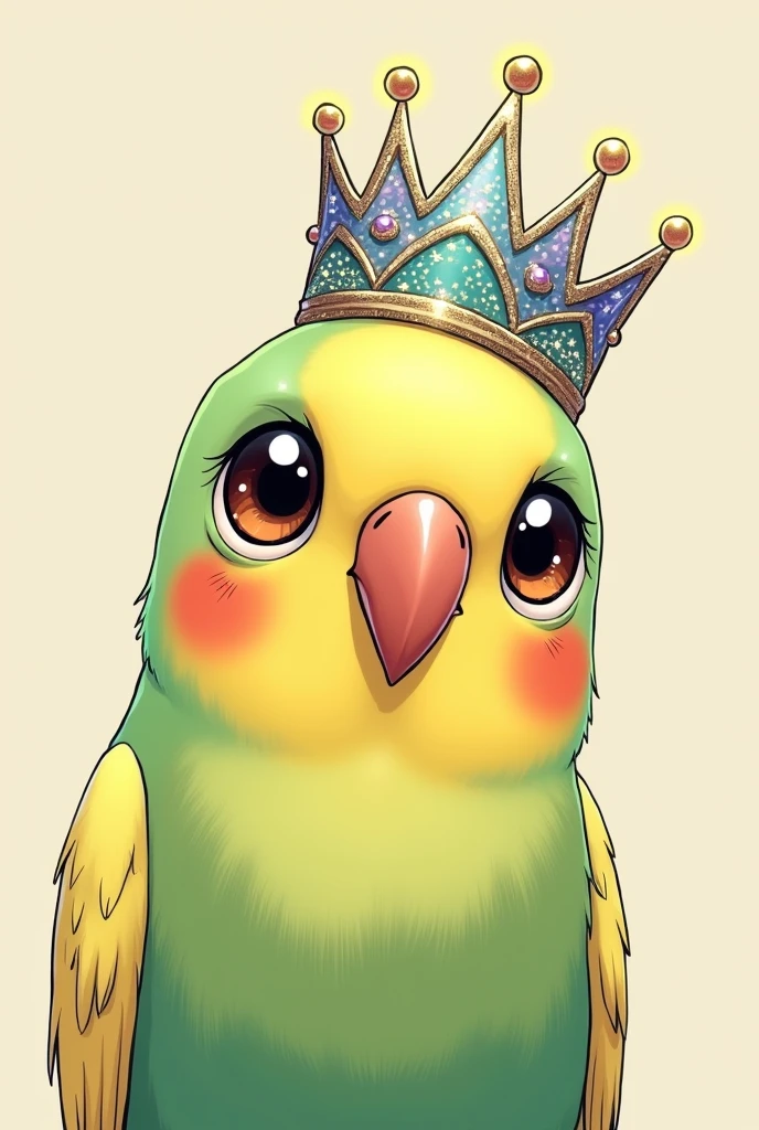 Create an image focused only on the head of a parakeet in anime style. The image should only show the parakeet&#39;s head, with big expressive eyes, a small beak and stylized details. Add a stylish, sparkly crown to the parakeet&#39;s head, with vivid colors and a touch of shine. The background should be simple and neutral to highlight only the parakeet&#39;s head and crown..
