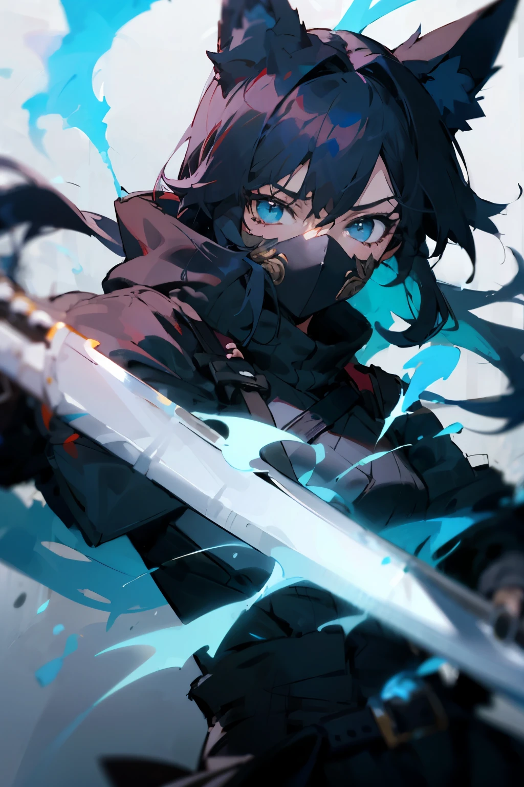 An female anime character in a black mask and thief outfit, armed with a blue energy-infused katana and fox ears medium sized chestanime girl, black hair, swordswoman, black mask, blue energy, katana, fox ears, black thief outfit