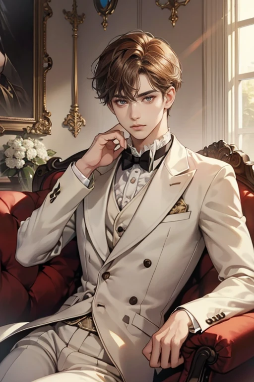 (tmasterpiece, high resolution, ultra - detailed:1.0), (1 boy, Young male), Eyes looking at the camera, Perfect male body, Extremely detailed CG, 8K wallpaper, Complicated details, solo person, (Deep amber eyes), (Light brown hair with short curly edges), [Thick eyebrows], sitting room, (White suit),Arrogant expression,victorian age,color difference, Depth of field, dramatic shadow, Ray tracing, Best quality, Cinematic lighting, offcial art, Portrait