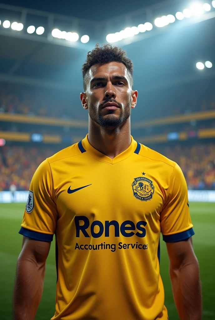 A FOOTBALL PLAYER FACING THE CAMERA HEAD-TO-HEAD, WITH GENERIC YELLOW SHIRT, SPONSORED BY RONES ACCOUNTING SERVICES, IN A FULL LOCAL STADIUM