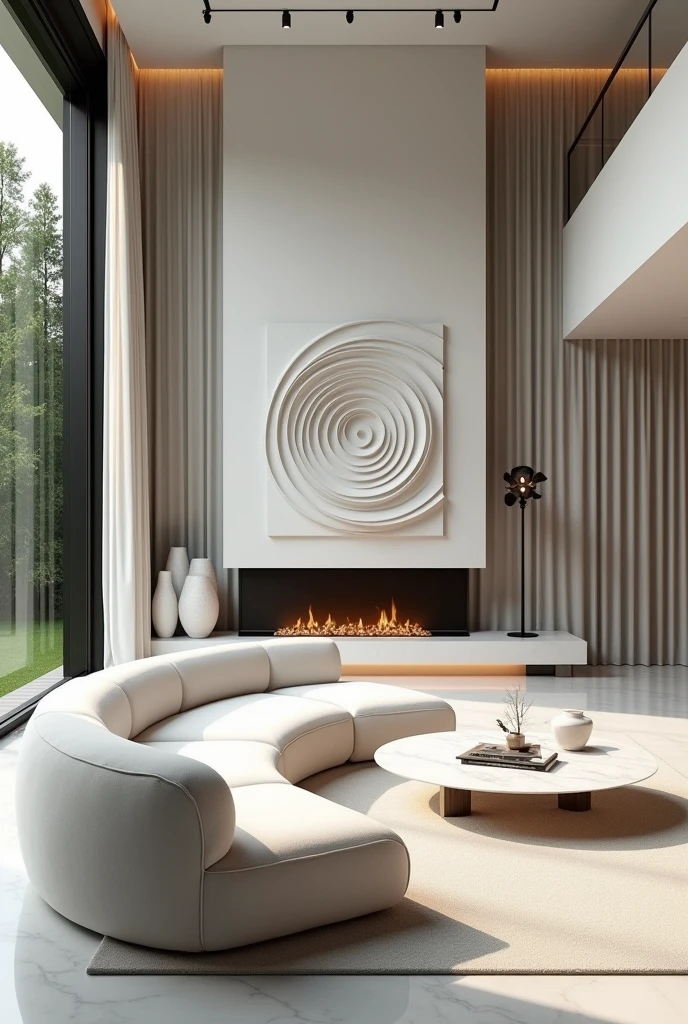 Professional 3d architecture rendering design of modern and minimal so light big curve white  velvet sofa and white marble slab stone and white  white marble flouting fireplace and spiral painting wall and modern  and elegant accessories and sculpture and modern green space and white marble slab stone middle table and elegant curtains 