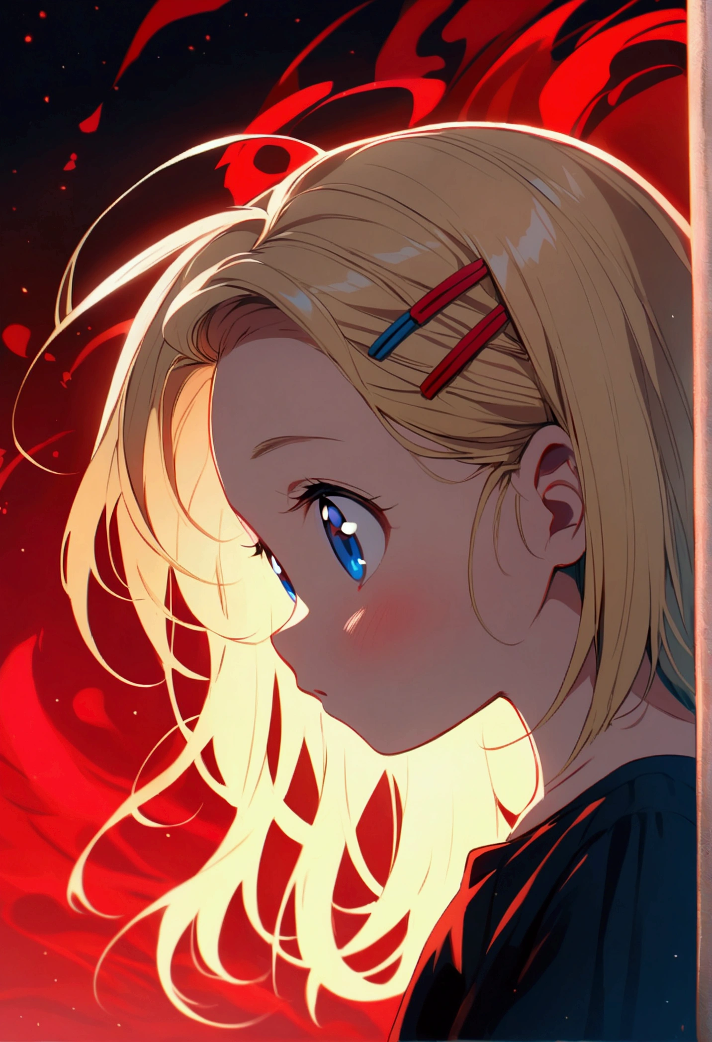 Anime girl child 8 years old (shoulder-length blond hair, clear forehead, hair clips, blue eyes) wearing a black T-shirt and short jeans looking ahead in confusion. The background is only the color red.