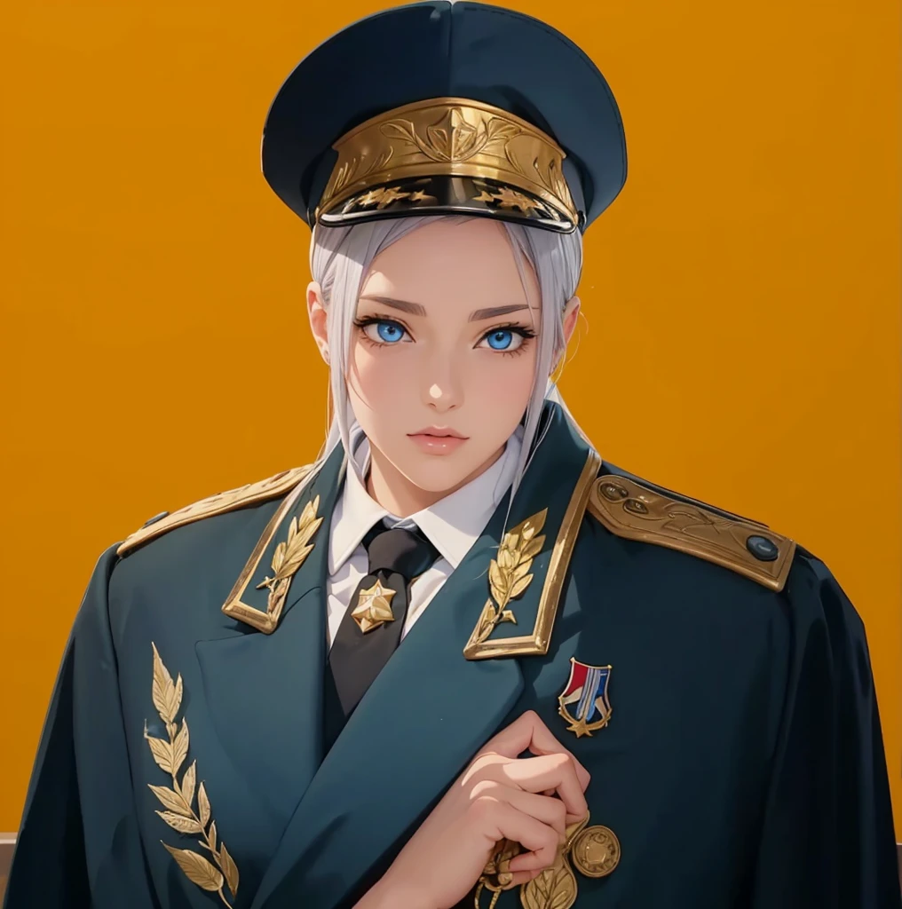 Female, (exceptional, best aesthetic, new, newest, best quality, anime, waifu:1.2), master piece, best quality, absurdres, highres, good anatomy, pretty face, ultra detailed, (1girl:1.3), colored, 1 girl, female, blue eyes, grey hair, peaked cap, red part on the cap, star insignia on the cap, coat, golden shoulder piece, lautel leaves, inside white shirt, black tie, star badge on the tie, looking directly at user,