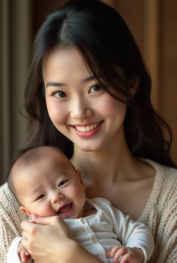 (Highest quality、Tabletop、8k、Best image quality、Award-winning works)、(chinese mother holding her baby:1.1)、Accentuate your body lines、Ultra HD Hair、Ultra high resolution perfect beautiful teeth、The most beautiful smile is looking at me、Ultra-high definition beauty face、Ultra HD Hair、Ultra HD Shining Eyes、Shining ultra-high definition white skin、Super high quality glossy lip、(Accurate anatomy:1.2)、(Extremely blurred luxury hotel bedroom background:1.1)、(Strongly blurred background:1.1)、Luxury wall decor、Luxury Interior、(Royal VIP bedroom in the finest hotel:1.2)、(Moody and luxurious lighting:1.1)