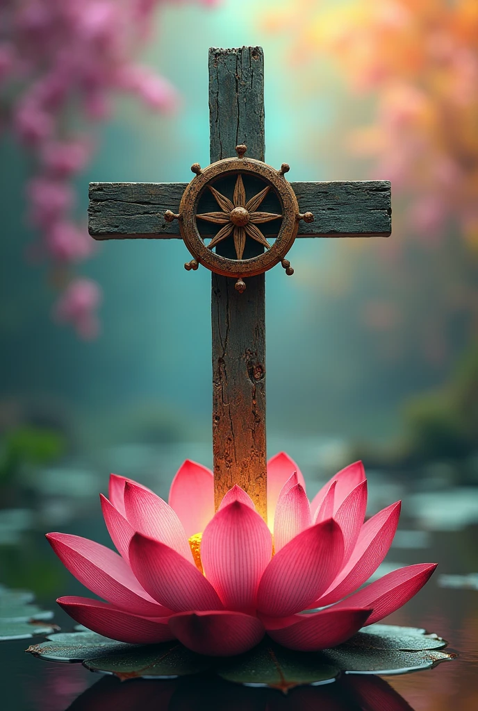 A landscape image of A dirty cross standing portrait on a lotus flower, without Jesus and on the centre of the cross a wooden dhamma chakra is placed. Background of this picture should be filled with rainbow colours