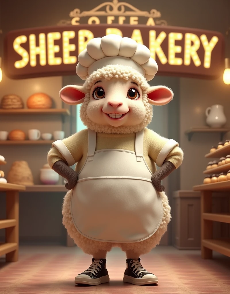 poster of bakery shop ,Dressed animals-a ((fat)) (sheep) baker,(furry), (elegant pose:1.5), (hands on hips:1.5),(smile:1.5),high quality,(),(lovely) ,intricate details, Wearing baker's uniform , (apron and cap), highly detailed ((baker's uniform)) ,highly detailed  sneaker , (text "SHEEP BAAKERY" foreground:1.5)(happy), soft lighting,(full body image:2.0),in bakery shop background,