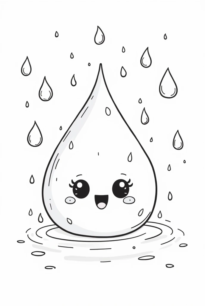 A kawaii style happy rain droplets coloring page for kids, black and white outline drawing