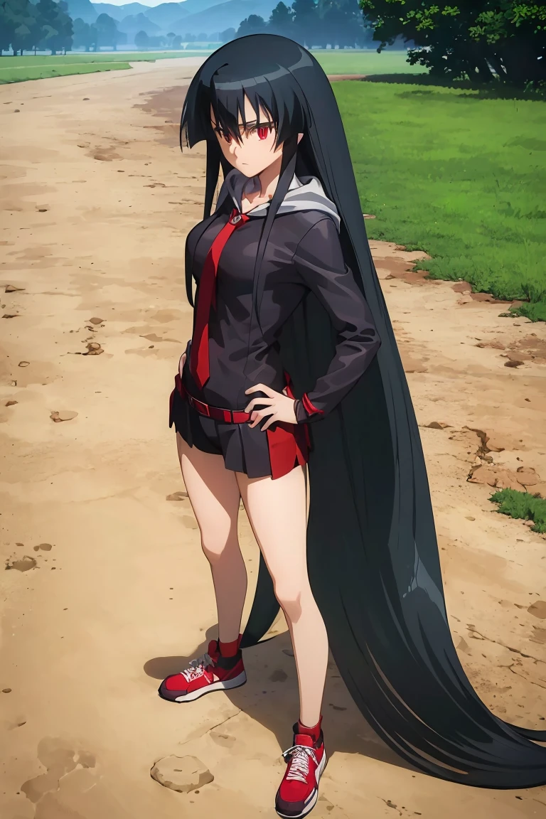 Master piece, best quality,(((1girl,solo))),full_body,akame,red_eyes,black_hair,(((very_long_hair))), yellow_hoodie, short _shorts, loose_socks, sneakers,looking_at_me,backgroud_road