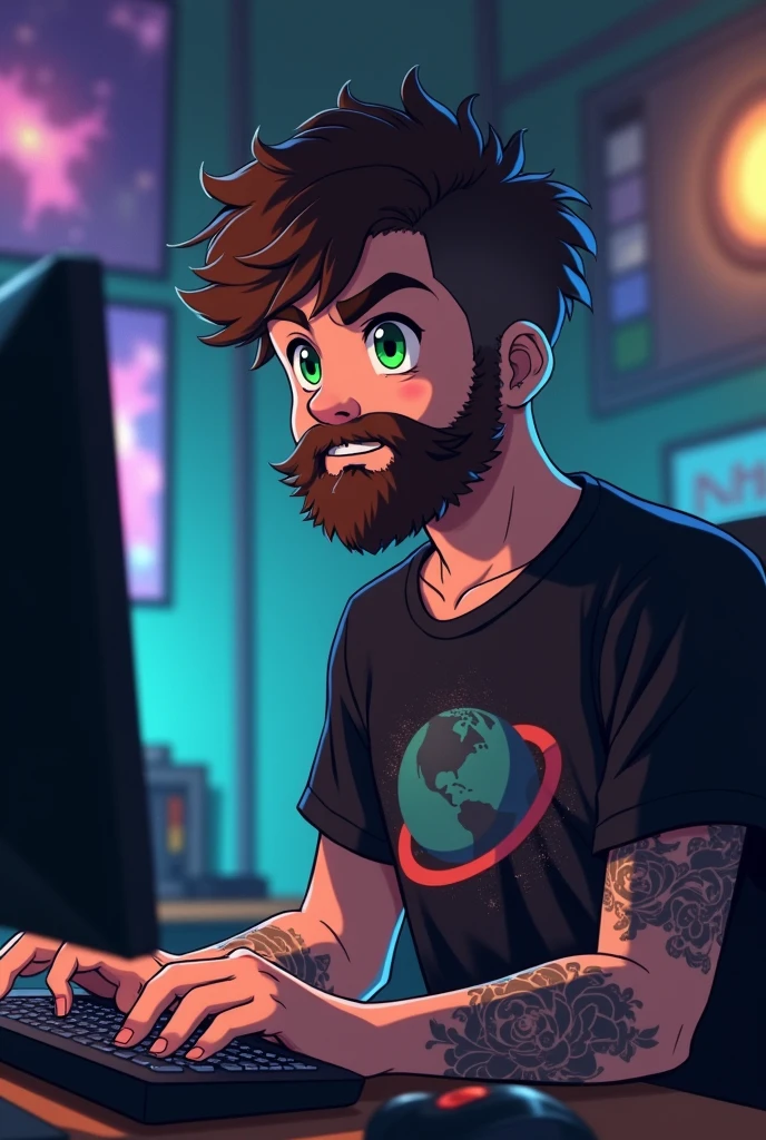 good-looking plump white boy with short frizzy dark brown hair shaved on the side, full beard, green eyes, nerd, gamer, in front a computer, anime style, space black t-shirt, small tattoos on the arm