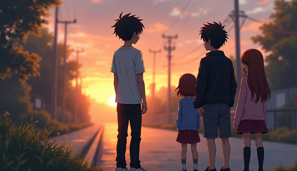 create an anime style image, of a black-haired boy, tall with casual clothing, a white shirt, black pants and is looking from the edge of a road with his back to three people who are:
1. A girl with short, shoulder-length brown hair and eyes of the same color, of medium height, with a dark red skirt, a dark blue sweater, Black over the knee socks and black leather boots.
2. A girl with long red hair and black eyes, a little shorter than the first girl and wearing a pink dress, that he looks younger than the rest.
3. A curly haired boy, dark skin and brown eyes, with piercing in the left ear, wearing a white t-shirt, a black leather jacket, A pair of black jeans and black boots.
It must be dusk and there should only be the 4 of them.