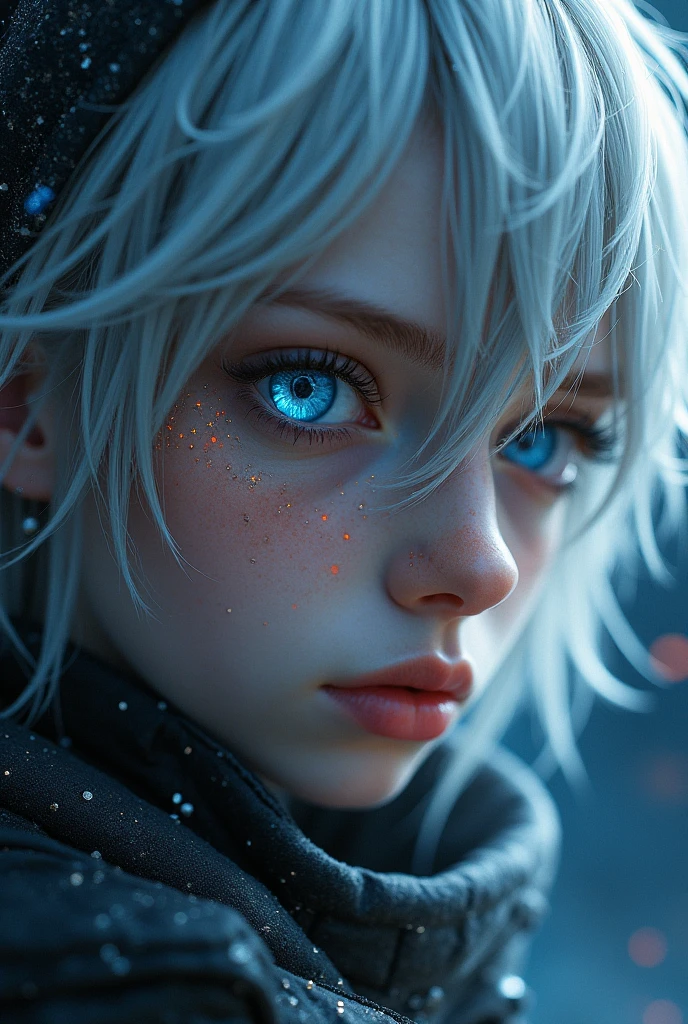 (Close-up of a better masterpiece:1.5)0.9], (Space and astronauts:1.2) (Messy silver hair:1.1) (Heterochromia xanthochromia and blue eyes:1.2) (Space Helmet:1.0) (Colored stars in the eyes:1.0) (A radiant glow:1.1) (thick lips:0.9)