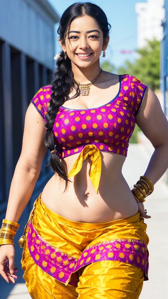 HD wallpaper 32k cinematic shoot of a Beautiful cute Rashmika Mandanna, with thick thighs and a curvy waist, twin braids, wearing an Indian blouse top, horny, seductively, in a school corridor, dotted blouse top, smiling, ((long curvy waist)), ((lowwaist)), ((curvy waist))