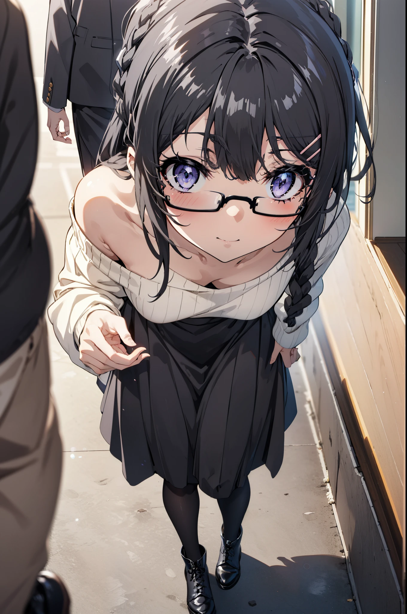 maisakurajima, mai sakurajima, Long braids, bangs, (Black Hair:1.5), hair ornaments, (Purple eyes:1.1), Hair Clip, rabbit hair ornaments,smile,blush,Glasses,One-shoulder sweater,Long skirt,Black pantyhose,short boots,Daytime,Clear skies,Walking,whole bodyがイラストに入るように,
break indoors, University corridor,
break looking at viewer, whole body,
break (masterpiece:1.2), Highest quality, High resolution, unity 8k wallpaper, (figure:0.8), (Beautiful attention to detail:1.6), Highly detailed face, Perfect lighting, Highly detailed CG, (Perfect hands, Perfect Anatomy),
