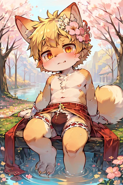 masterpiece,high quality,abstract res,number\(artwork\), From dagasi, Yes,Seizan,(Flower Charcoalo,Fluffy fur,character focus:1.1),Flower Charcoalo male cat,short hair,portrait , Bright eyes, panoramic, character focus.(Detailed background:0.7), solo, hairy, hairy male, Male focus, Masterpiece of time,high quality,abstract res,number\(artwork\), From dagasi, Yes,Seizan,(Flower Charcoalo,Fluffy fur,character focus:1.1),Human male fox,Bright eyes, panoramic, character focus.(Detailed background:0.6), solo, hairy, hairy male, Male focus, Flower Charcoal,(Hairy all over, Hairy tail)fur,A five-year-old boy,cute,Hip bulge,Toddler,Blood-red pupils,A tail with a white tip,The ends of the limbs are white,Cute meat pads,Claw,cute boys,The ear tips are orange,Big hairy ears,Hairy big tail,Reasonable composition,Pale yellow hair,Brown cloth bag,In the woods,Extremely fine water, naked,Slightly reddened,Dress coolly,Blonde short hair,Thin children,Blonde hair,cute child,cute little adventurer,Be open-minded,Ultra-clear, blossom tree, pooping.