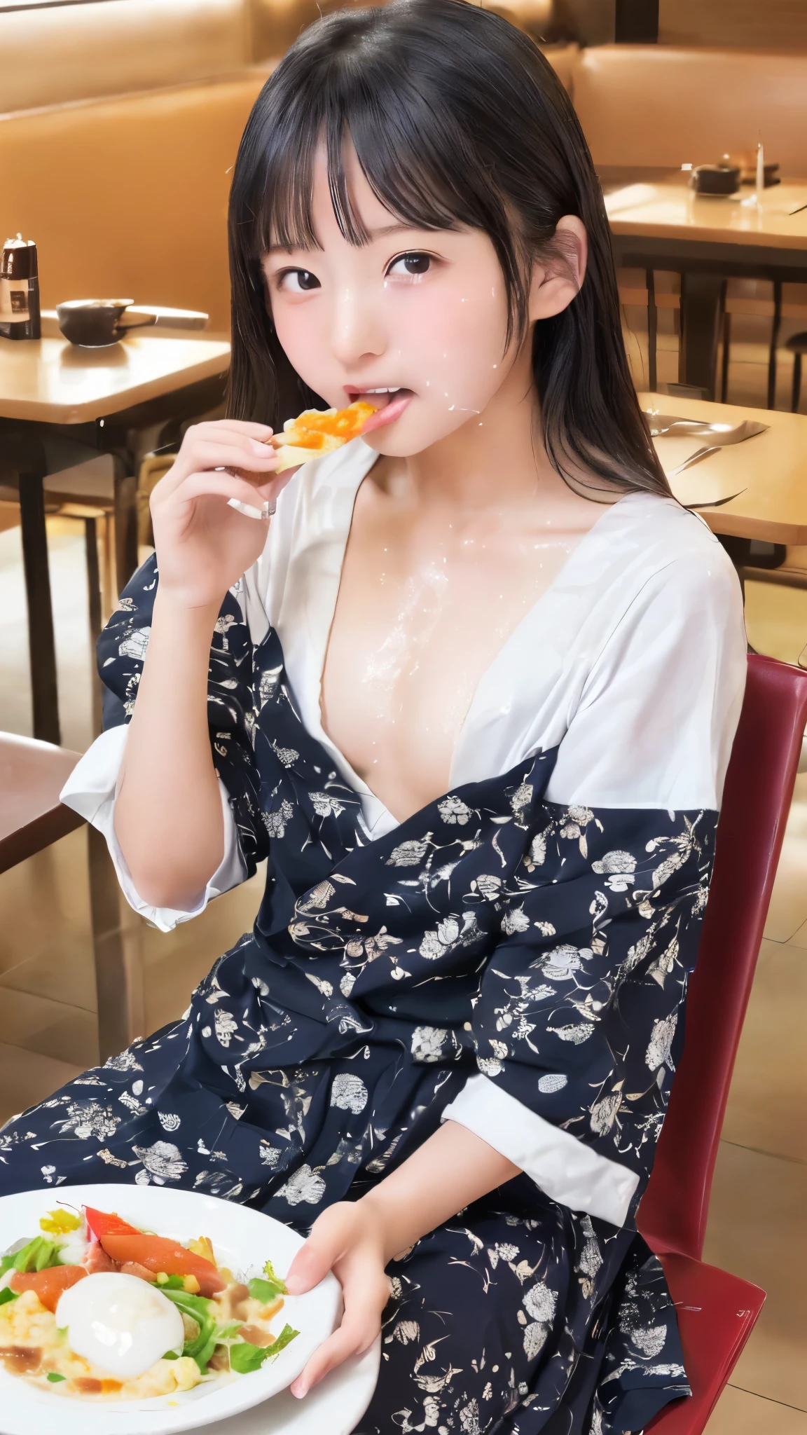 ((Browsing Caution))、masterpiece、((Beautiful Japanese Girl))、(())、((Cute 12 year old girl))、((J)、(Young Face)、(Black Hair)、(Random Hairstyles)、((Flat Chest、Small breasts))、((immature body shape))、((Glowing Skin))、restaurant、dinner、food、Excessive sweating(Sweaty:1.3), ((Detailed depiction of semen))、((Realistic Semen))、((Egg white semen))、((A lot of semen))、((テーブルの上にfoodがある(Sit on a chair and eat))、((テーブルの上のfoodにはA lot of semenがぶっかけられています))、((精子の付いたfoodを持つ))、((Please open your mouth(精子で汚れたfoodを口に運ぶ))、((Dining scene))