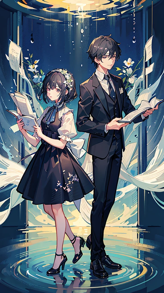 Highest quality、A man and a woman around 35 years old are standing back to back、Her waist-length black hair is tied back、Wearing a black suit、Eye color is calm blue、The background is a room with many books、Flowers are waiting、Beautiful water droplets are dancing