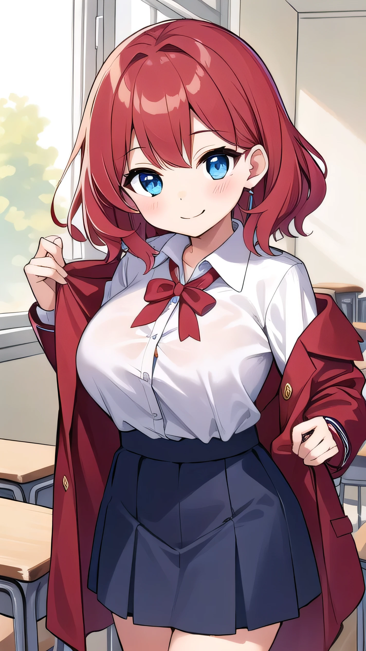 Big breasts, red hair, blue eyes, droopy eyes, red jacket, long sleeves, navy skirt, elementary school student, (super big breasts:1.1), (medium hair: 1), baggy clothes, elementary school student, young face, short height, ************, old, shy Agari, smiling a little, trying to unbutton his shirt in the classroom, white shirt, soft hair，(straight hair:1.2)  , gentle smile, a little smile ，