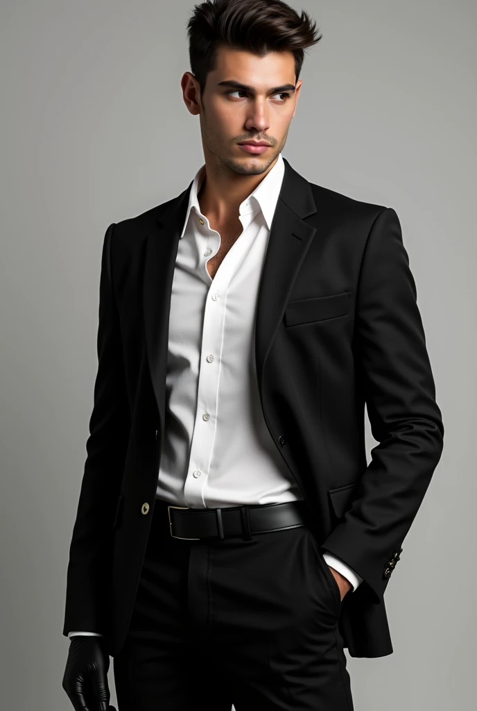Latin American Costa Rican brunette person with a black jacket, black gloves, white shirt and black pants