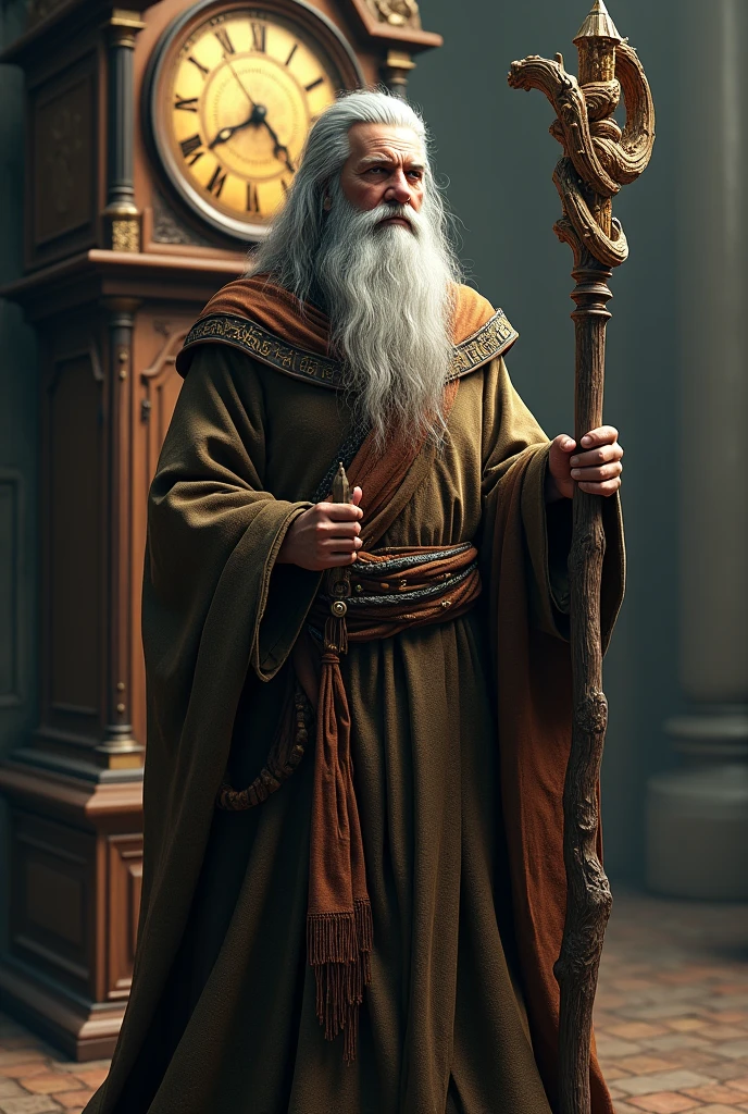 Create a wizard with a staff and a clock behind him, very realistic Lord of the Rings style