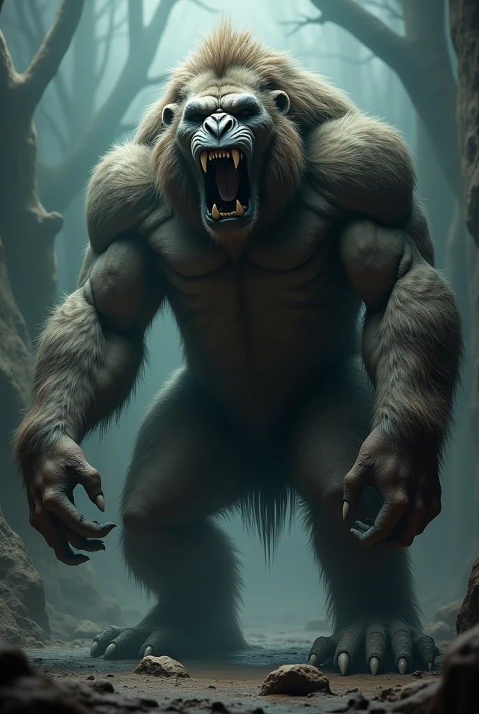 Gigantic dangerous and horrific look cross between a lion and a gorilla with a scary background and lighting on the lion body with big fangs