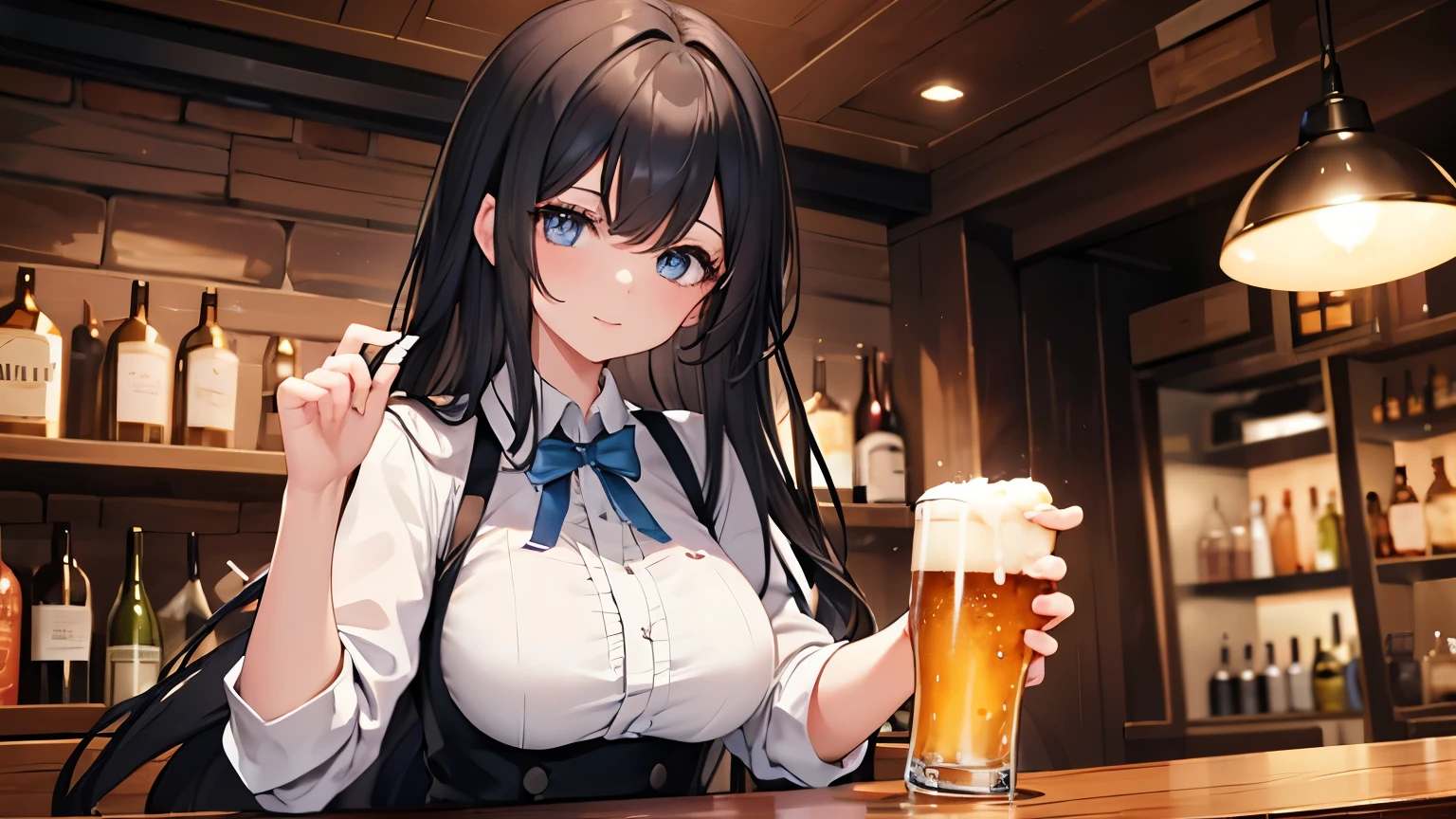 a 20 year old girl, with long black hair that falls in soft waves over her shoulders, He leans forward slightly as he pours a beer at a table. His blue eyes shine with a mix of professionalism and kindness., focusing on the observer with a slight smile on his lips. She wears a waitress uniform, simple but elegant, that highlights her slender figure. The scene takes place in a cozy bar or tavern, with warm lighting creating a pleasant atmosphere. She carefully holds the glass of beer, offering it to the viewer as if he were there.