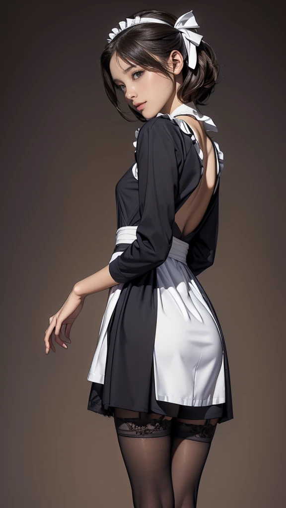 ((masterpiece)),(((highest quality))),((Reference Sheet, Character Design, front, return, ~ ~ side, Mr..々Hairstyle, Mr..々Performance, Facial Expressions)), 14-year-old girl, Cute type, The best smile:1.5,(Very slim:1.4), (Very small ass:1.4), Realistic buttocks, Medium chest,Short brown hair with side waves,Short Bob, Thin thighs, Long legs, It's not a big deal, ((Dress and stockings, Gorgeous maid, Maid clothes,Hair Ribbon)), ((Browsing Caution:1.0))
