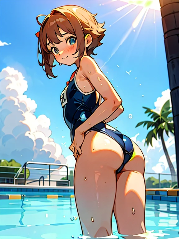 masterpiece,super high quality, Super detailed,Perfect drawing,alone, wonderful, beautiful, beautiful girl in swimsuit, Round and cute ass, Squishy, Thick ass, Butt sticking out pose, B99W66H110, Height 140 cm, Chubby, Plump, Sunburned skin, Cheeky Smile, Swimming Club, Swimsuit, One-piece swimsuit, Plain swimsuit, 40 years old, Stand with your feet shoulder-width apart (30cm), water from crotch, Embarrassed expression, blush, Watery eyes, blue sky, School Swimsuit, Competitive swimming pool, shooting from the back diagonally below, Thin fabric swimsuit, Light from the front, Forward light, sunlight, Summer sky,