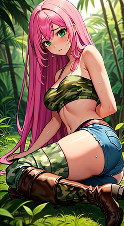 highest quality，(masterpiece)，(((Whole body image)))，(girl１)， (Highly detailed face), Grim face, Beautiful lips,（Big green eyes)，(Smooth long straight hair:1.5）,(long pink hair:1.6),(Denim hot pants:1.3),(Camouflage pattern tube top:1.3),(Brown leather boots:1.2),(Knife in one hand:1.3)，in the forest，In the jungle，Woman in survival mode，Sexy thighs，Heat，Sweat heavily，Tropical forests，During a break，sit cross-legged on the ground,The way the light shines is beautiful, Beautiful buttocks