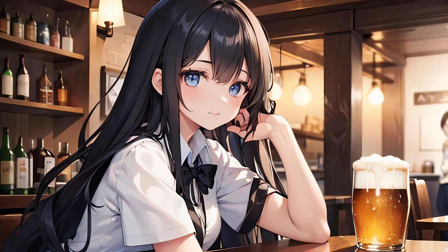 a 20 year old girl, with long black hair that falls in soft waves over her shoulders, He leans forward slightly as he pours a beer at a table. His blue eyes shine with a mix of professionalism and kindness., focusing on the observer with a slight smile on his lips. She wears a waitress uniform, simple but elegant, that highlights her slender figure. The scene takes place in a cozy bar or tavern, with warm lighting creating a pleasant atmosphere. She carefully holds the glass of beer, offering it to the viewer as if he were there.