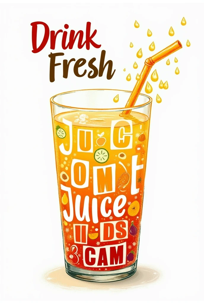 Typography Poster of Fresh Juice, Write "Drink Fresh Juice!" on the top half of the poster, Water drops drip down from the letter i, Draw the shape of a glass of juice using many vegetable and fruit words that freely change the color and orientation