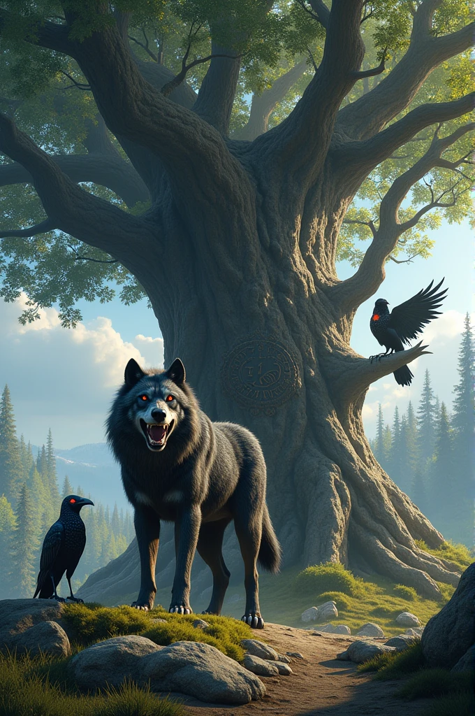 Norse mythology. fenrir together with two odin's ravens, with the Yggdrasil tree in the middle, realistic